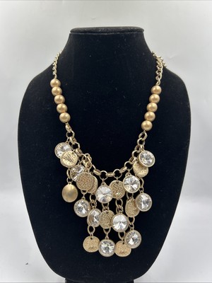 Authentic Natasha Gold Tone Faceted Rhinestone Statement Necklace Cascade