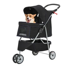 Pet Stroller 3-Wheel Durable Foldable Cat Dog Stroller with Washable Liner St...