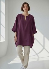 Purple Linen Short Kurta - Shirt Style Kurta Kaftan - Hippest Length Kangaroo...