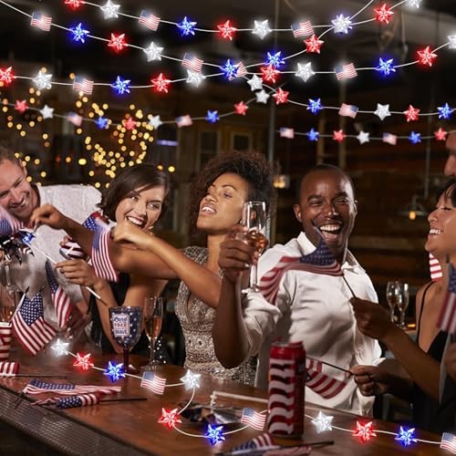 100 LED Red White and Blue Lights Mini USA Flag & Star Fairy Lights Battery - Picture 6 of 7