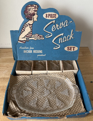 Anchor Hocking Glass Serva-Snack - 4 Serving Trays & Cups in Original Box