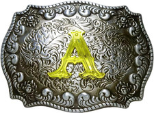 Golden Initial Letter a to Z Belt Buckle in Flower Western Cowboy Style