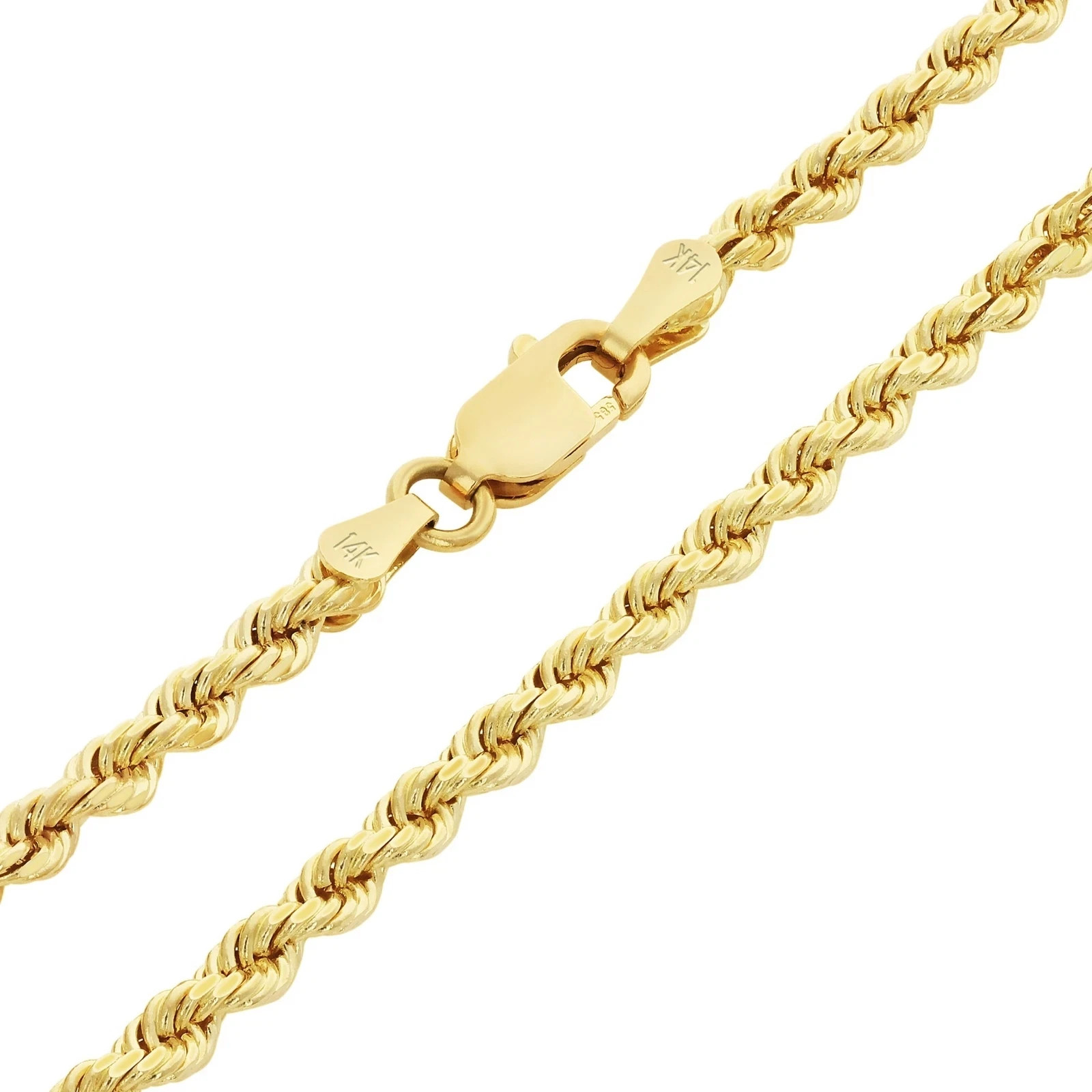 14K Real Solid Yellow Gold 1mm-2.5mm Rope Chain Necklace with Lobster Claw Clasp