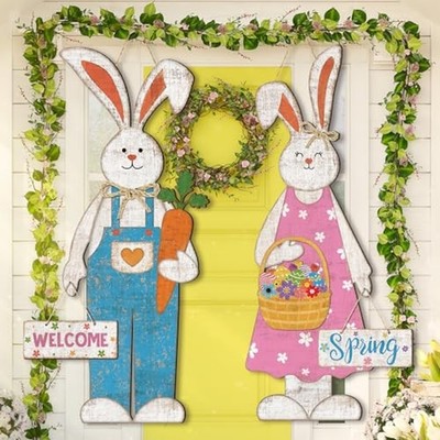 2 Pcs Easter Bunny Hanging Sign Easter Wooden Front Door Spring Decorations L...