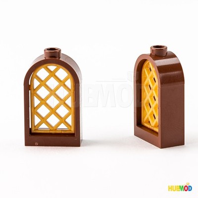 Lot of 6 LEGO Brown Window 1x2x2 2/3 30044 Rounded Top Gold Pane