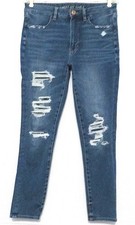 American Eagle Blue Denim Jeans Distressed Holes Size: 12L Hi-Rise Jegging Crop