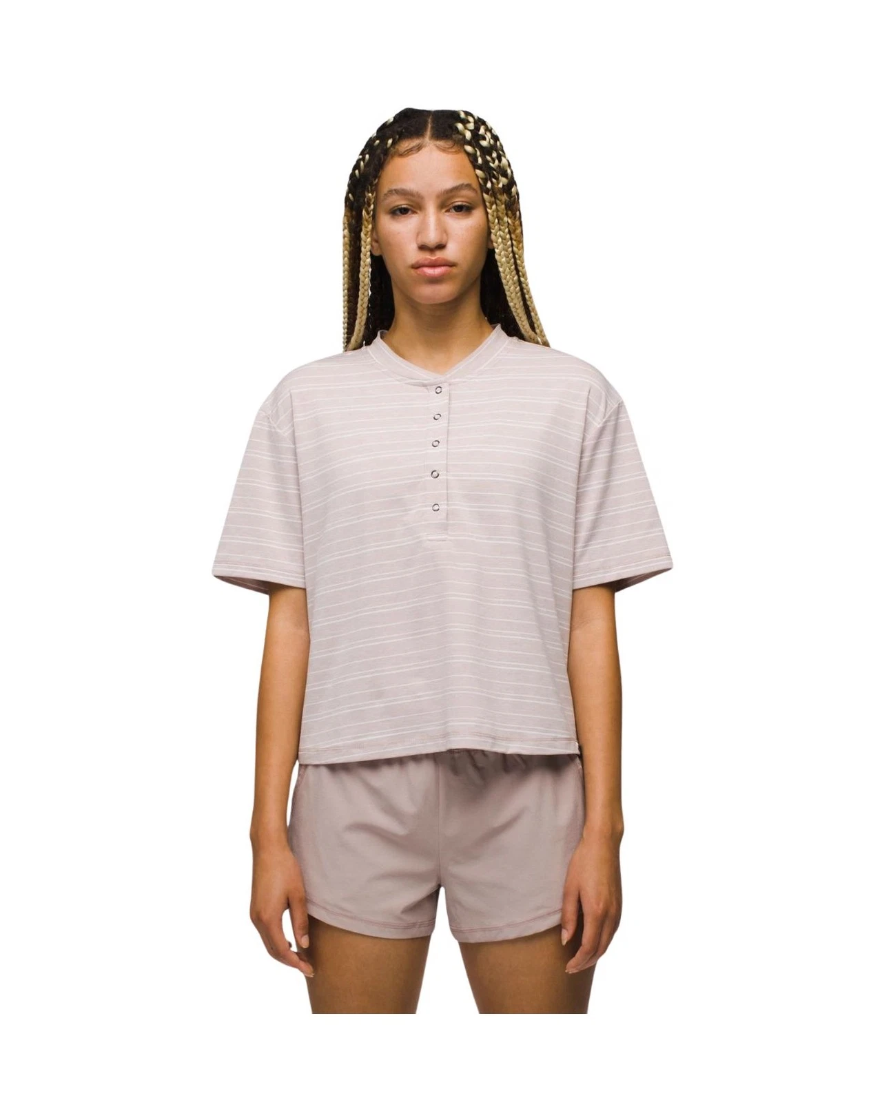 prAna Sol Searcher SS Henley Women's Shirt, Willow Stripe, Medium