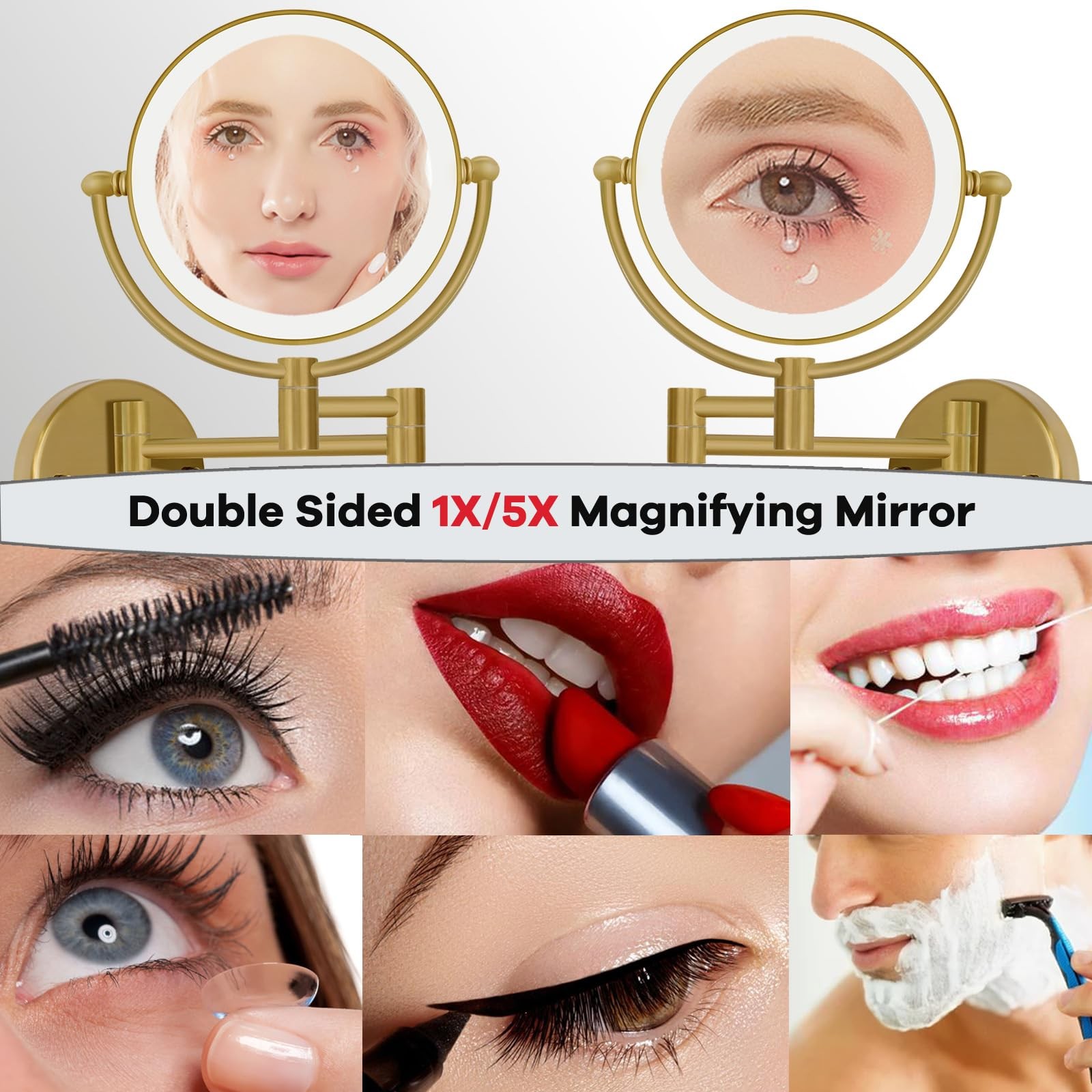 Hardwired Lighted Magnifying Makeup Mirror Wall Mount Gold, 1/5X Double Sided...