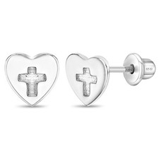 Heart  Cross Cutout Baby / Toddler / Kids Earrings Screw Back Sterling Silver