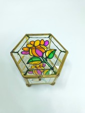 VTG Brass Stained Glass Trinket Box Jewelry Flower Floral Mirrored Footed Case