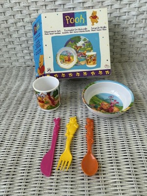 90's Vtg Winnie the Pooh 2 pc Dinnerware Set Zak Design and knife, fork, spoon