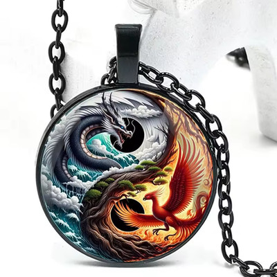 Fantasy Dragon & Phoenix Yin-Yang Emblem Pendant Charm Necklace Black Chain
