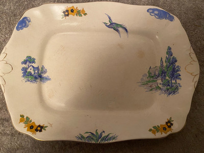 Vintage Alfred Meakin Platte, Blue House Orange Flower Design 50 s 40cm breit