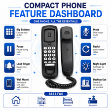 Classic Wired Desk Phone Black Corded Landline Telephone Wall Mount Home Office