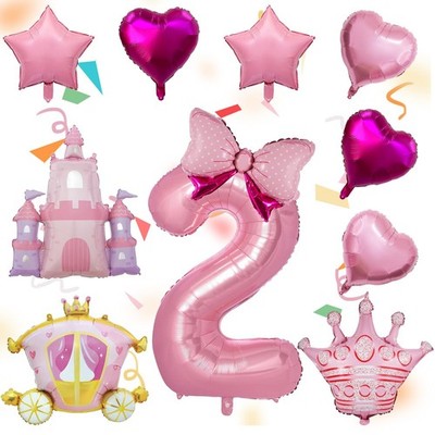 Balloons 10 pcs 40 inch Pink Princess Number 2 Crown Castle Carriage Foil