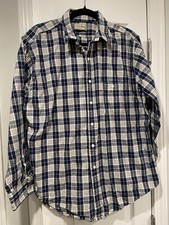 VTG 80s L.L. Bean Men  s Navy Blue Plaid Soft Cotton Twill Button Down Size L