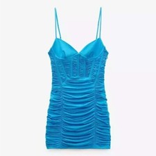 Zara Draped Corset Style Ruched Bodycon Mini Dress in Blue Size M
