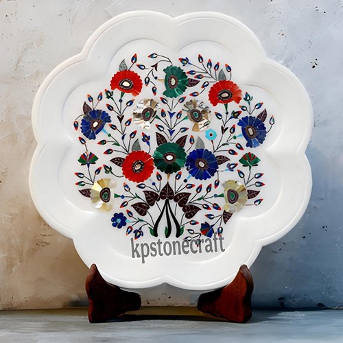 White Marble Inlay Plate | Handmade Floral Design with Semi-Precious Stones - Picture 1 of 5