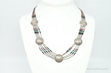Vintage Native American Multi Gem Bead Kachina Sterling Silver Necklace