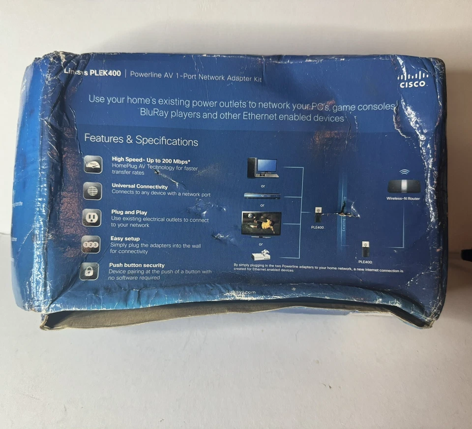 Linksys Cisco Powerline 400 Bridge PLEK400 Homeplug AV Kit Outlet Network Extend - Image 4 of 4