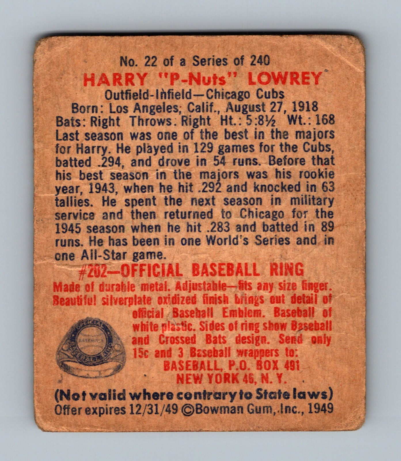 1949 Bowman 22 Harry Peanuts Lowrey LOW GRADE Chicago Cubs Baseball