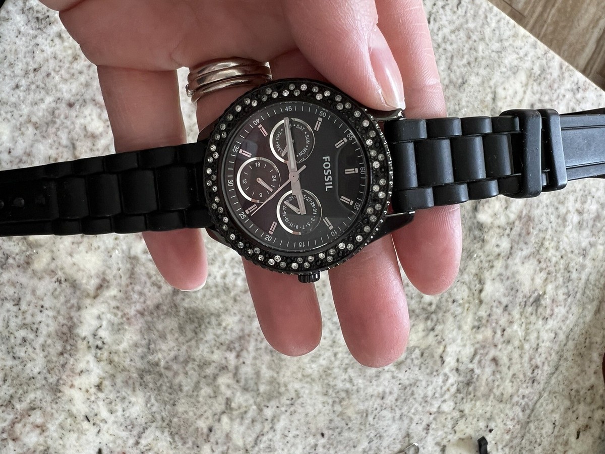 FOSSIL Black Silicone Watch w/Black and Clear Crystals ES2896 Fossil Black Wristwatches for Women for sale | eBay main image 3