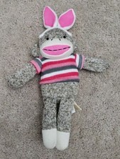 12" Sock Monkey w/Bunny Ears Dan Dee Collectors Choice Pink Gray White Striped