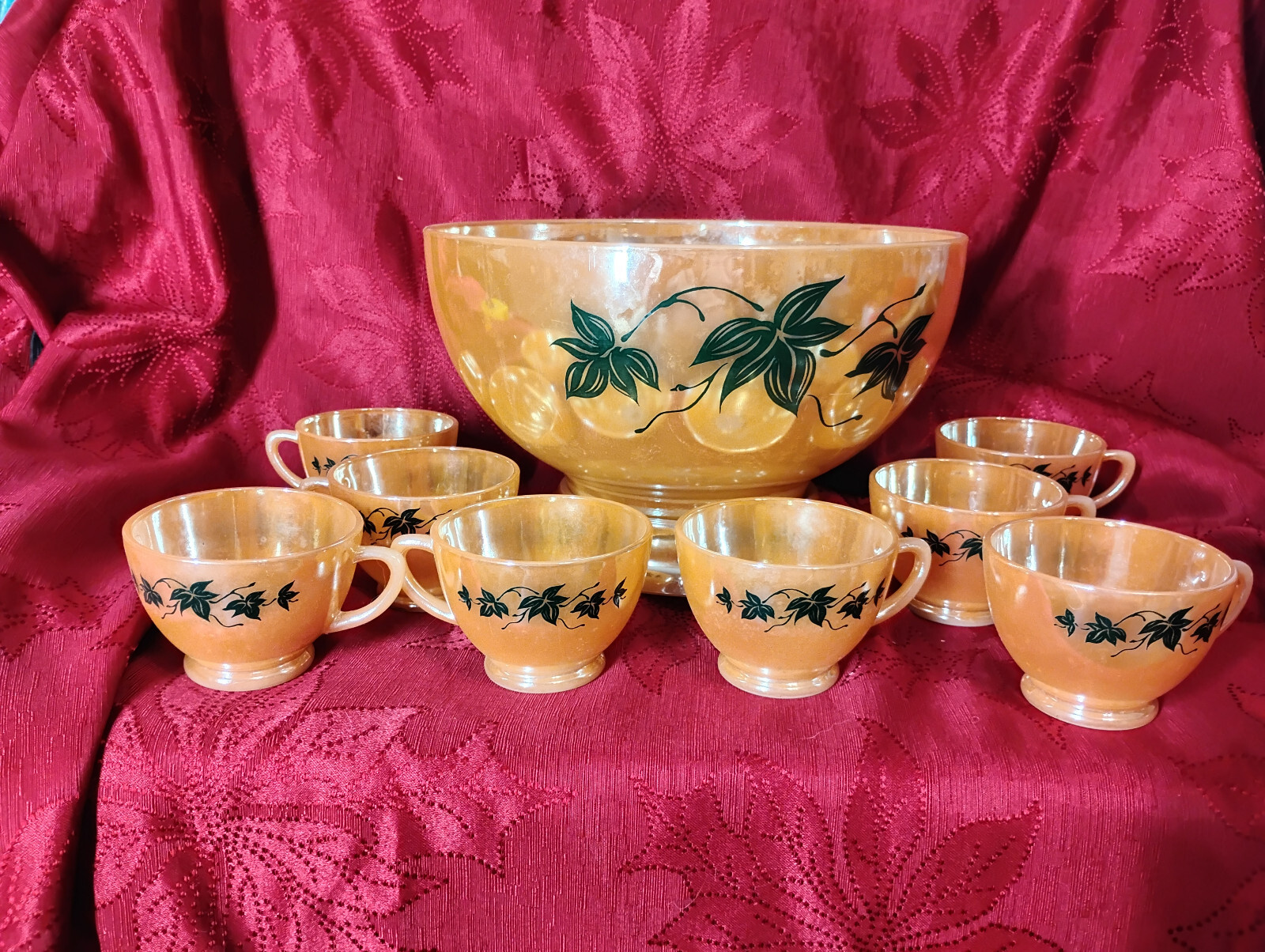 Fire King Anchor Hocking Peach Lustre Ivy Punch Bowl Set With 8 Cups  With Stand