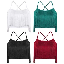 Womens Crop Top Spaghetti Straps Dance Tops Tassels Latin Cha-Cha Stage Salsa