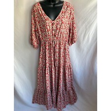 Shein Ditsy Floral Print Ruffle Hem Dress Maxi Red Tiered Size 12 XL Romantic 