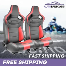 Pair Universal Gray Vinyl Leather Adjustable Reclinable Racing Seats w/ Sliders