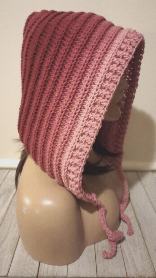 Hecho a mano ganchillo mujer sombrero de gran tamaño capucha pixie scoodie anémona rosa rojo Foto 4 de 4