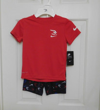 NWT 2pc Nike 3 Brand Red Shirt  Black Print Shorts Set sz 4