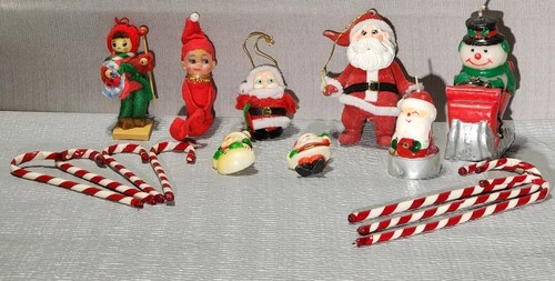Lot 15 VINTAGE Christmas Ornaments Flocked Santa Elf Paper Candycane Snowman Pin - Picture 2 of 20