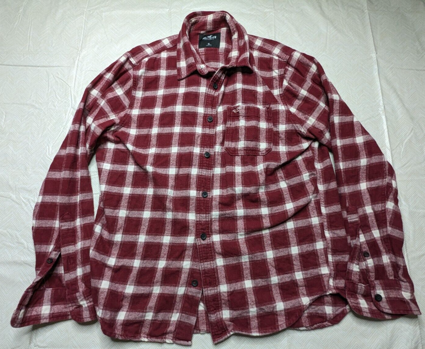 Hollister Flannel Shirt Men XL Maroon White Plaid Long Sleeve Button Down-image
