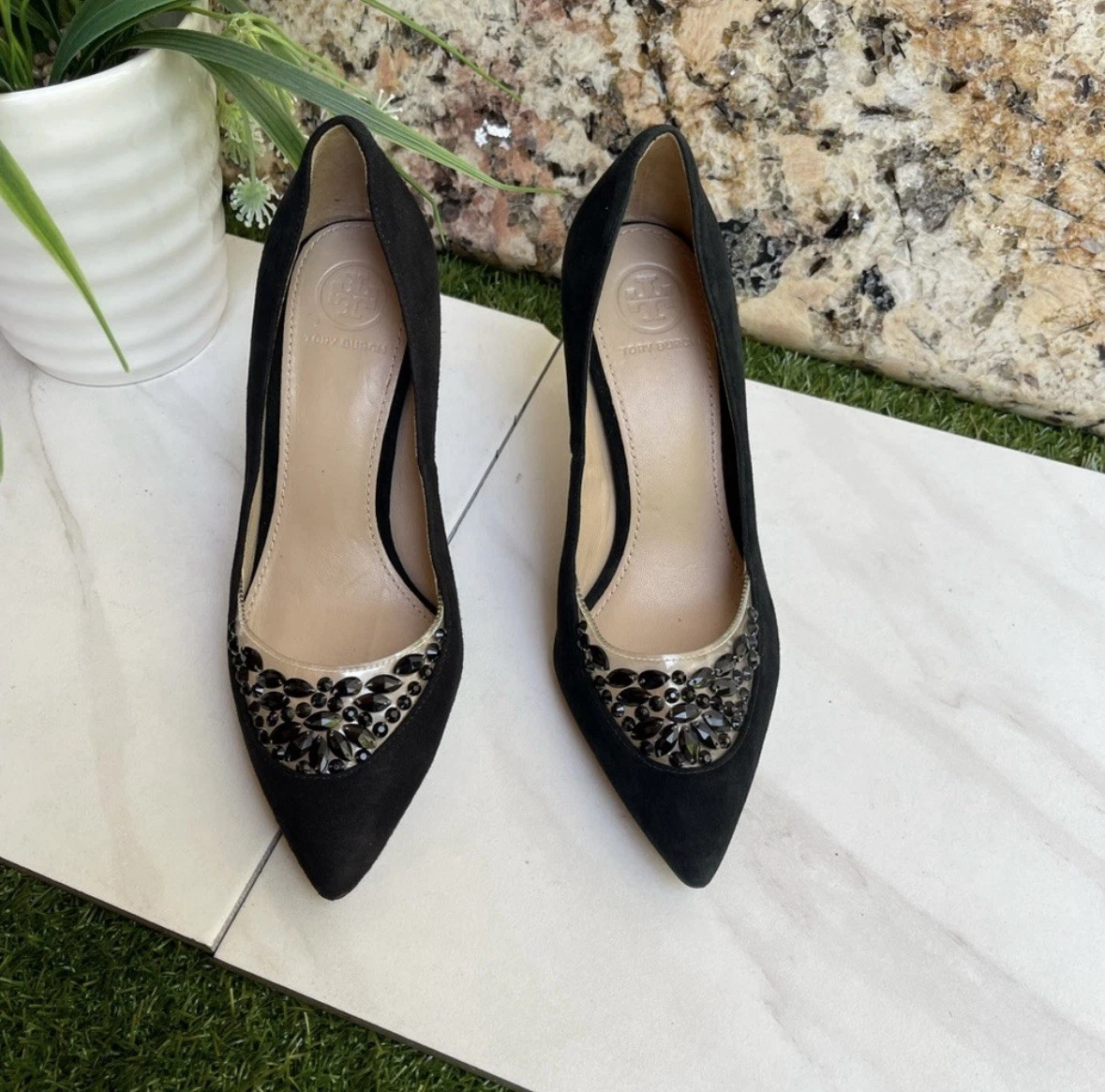 Décolleté Tory Burch Delphine nere in camoscio impreziosite taglia 5 vendita al dettaglio $350