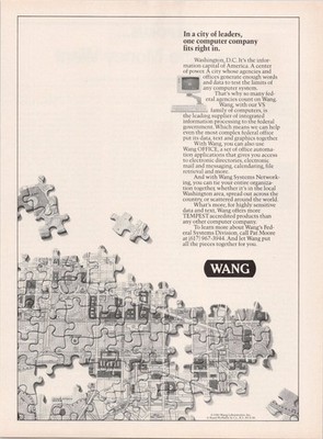 Wang 1986 Vintage Print Ad Computer Systems Washington DC Puzzle Map