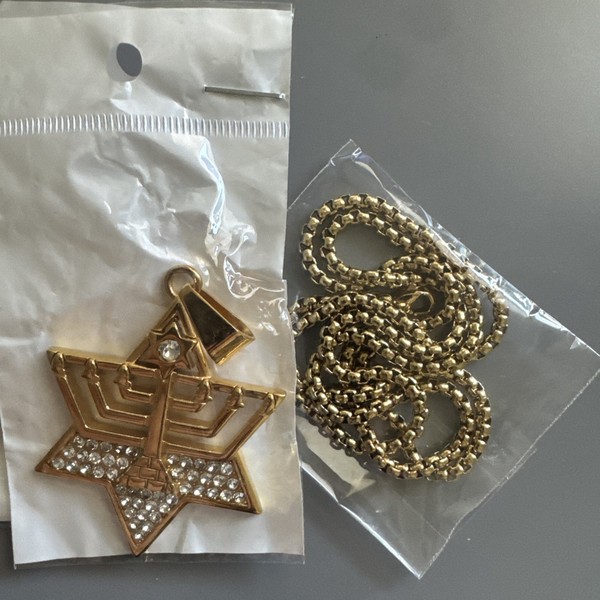 Alternate view of Gold Plated Jewish Menorah Star David Pendant Inch Chain Cubic
