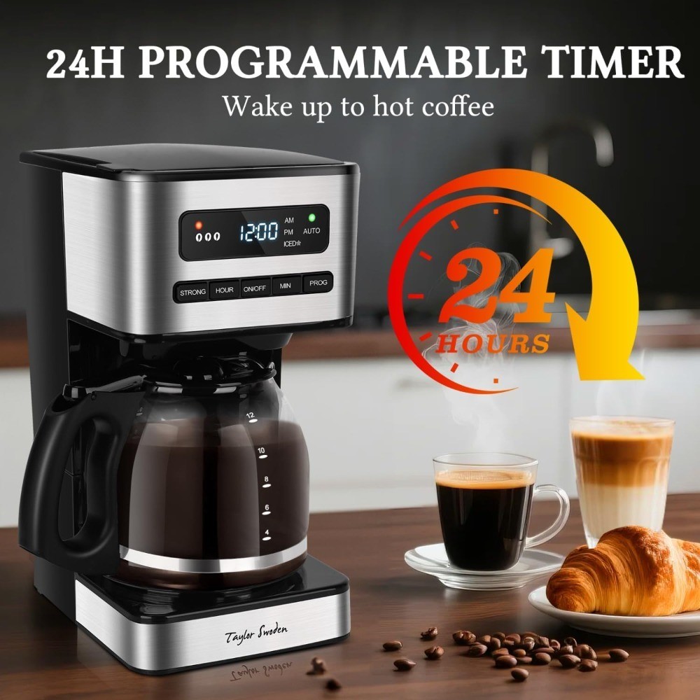 Programmable 12 Cup Hot and Iced Coffee Maker with 4 Brew Strength LED Display