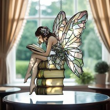 Reading Fairy Faux Stained Glass Suncatcher, Whimsical Window Decor