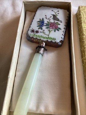 NIB Vintage Japanese Porcelain Hand Painted Bird Hand Mirror With Jade Handle