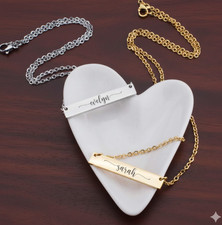 Personalized Rectangle Name Bar Necklace With Heart Cut Stainless Steel Silver