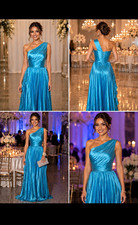 Blue One-Shoulder Pleated Formal Gown Dress, Women's Size 6 Regular