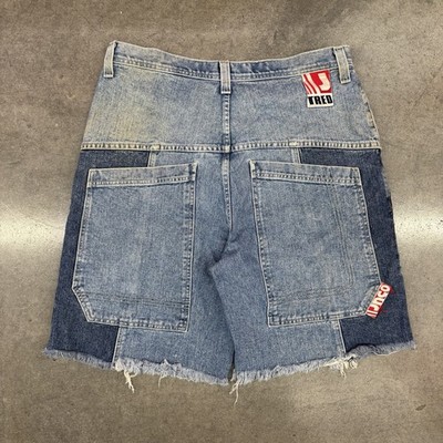 Vintage 90s JNCO Overdrive Two Tone Denim Shorts Size 38 Baggy Jorts Skate Rave