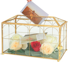 Glass Wedding Card Box with Lock, 12.6X5.9X9 Inches Large Gold Card Boxes for We