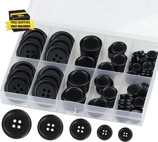 100 Pcs Black Resin Sewing Buttons, 4-Hole Craft Suit Coat Shirt Buttons, 5 Size