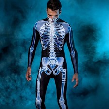 Halloween 3D Skeleton Printed One-piece Long Sleeve Tights See-through free ship