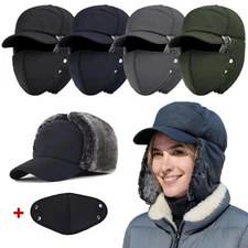 Men Women Winter Trapper Hat Face Mask Waterproof Warm Russian Aviator Ski Cap