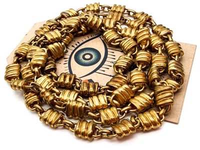 Vintage goldfarbene gerippte Barrel Link Halskette lang Statement durchgehende Kette