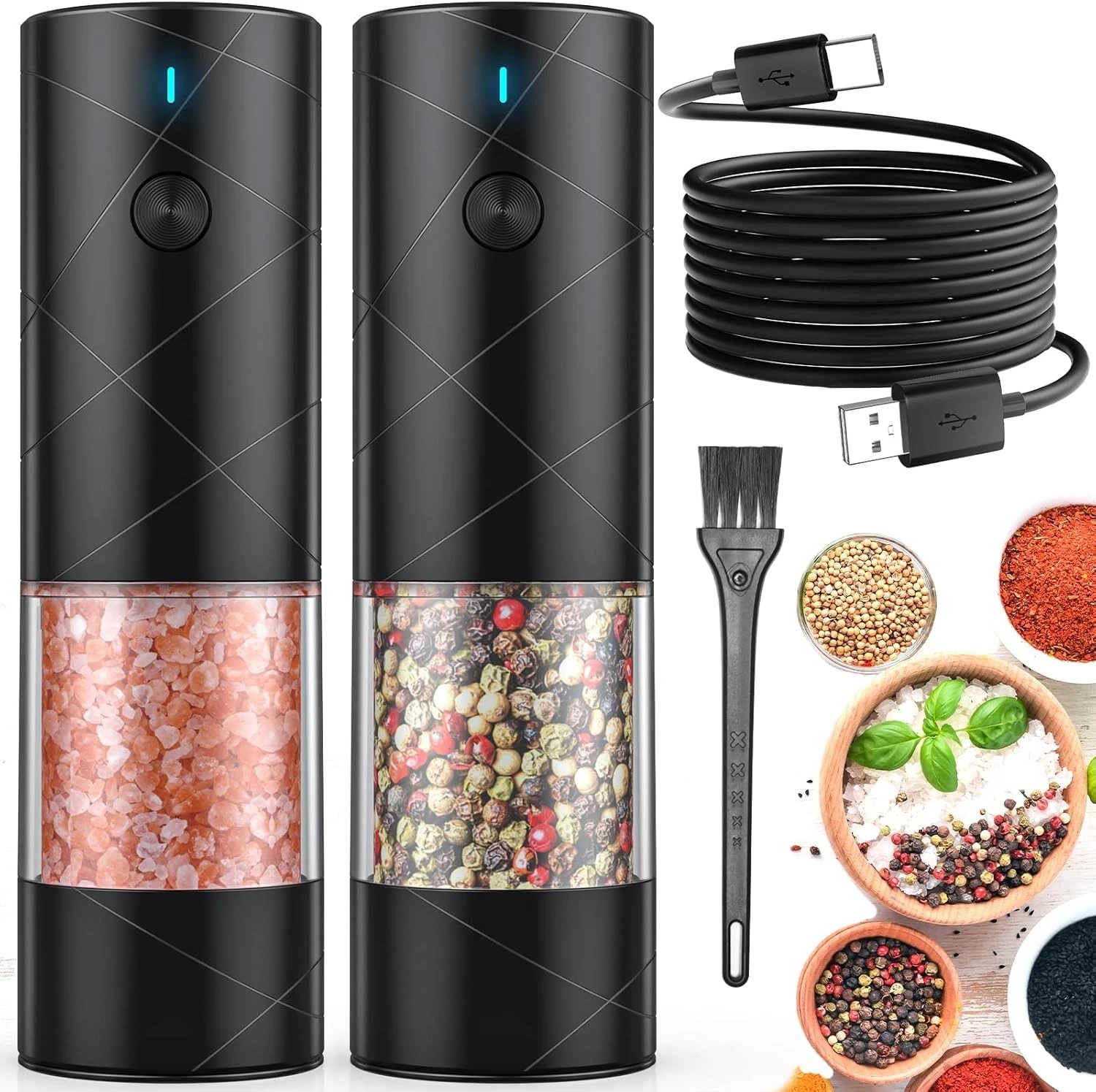 2Pack Electric Salt and Pepper Grinder Set USB Rechargeable Set/Black